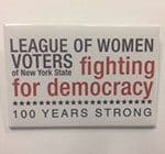 Button celebrating the 100th Anniversary of the LWVNYS