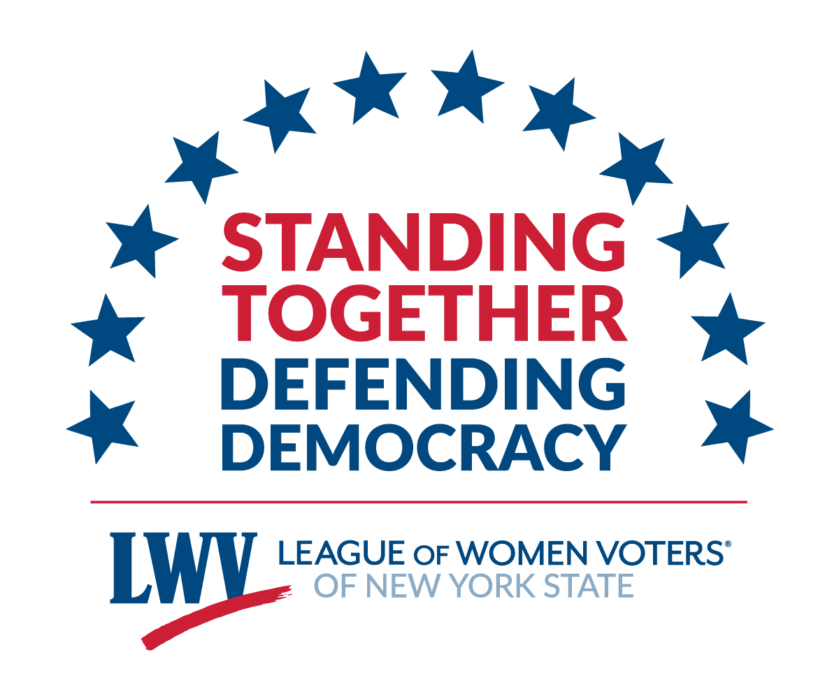 Logo with blue stars forming a semicircle over the words “Standing Together Defending Democracy,” with the League of Women Voters of New York State name at the bottom.