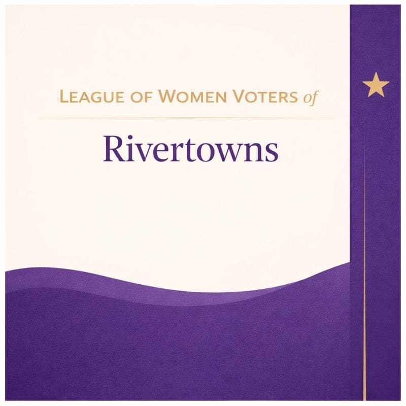 League of Women Voters of Rivertowns logo with a purple wave design and a gold star on the right side.