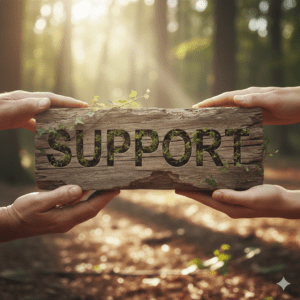 Two hands hold a wooden sign with the word "SUPPORT" carved into it, in a sunlit forest setting with greenery around.