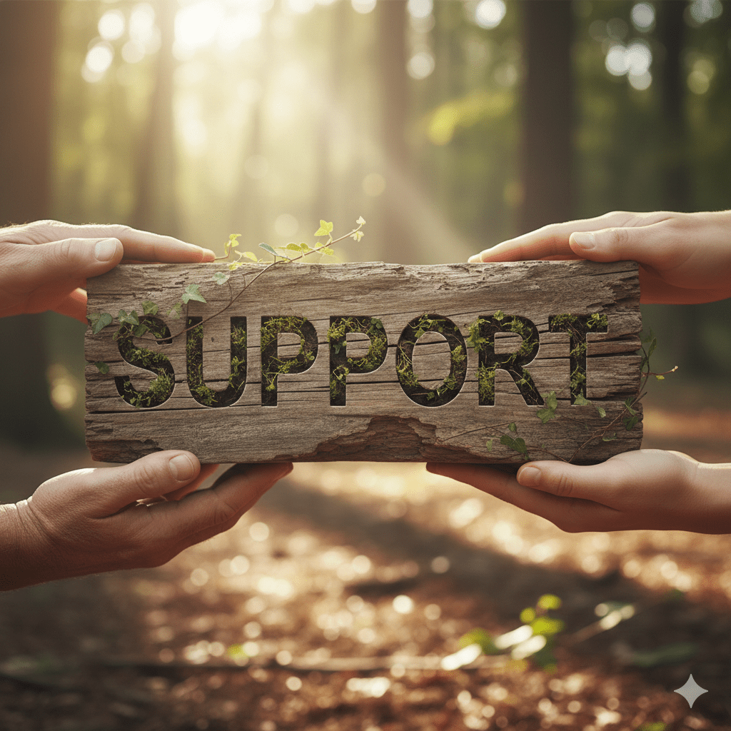 Two hands hold a wooden sign with the word "SUPPORT" carved into it, in a sunlit forest setting with greenery around.