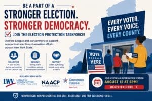 People stand near a “Vote Here” sign outside a polling place. The graphic promotes volunteering for election protection in New York, with event details and partner logos at the bottom.