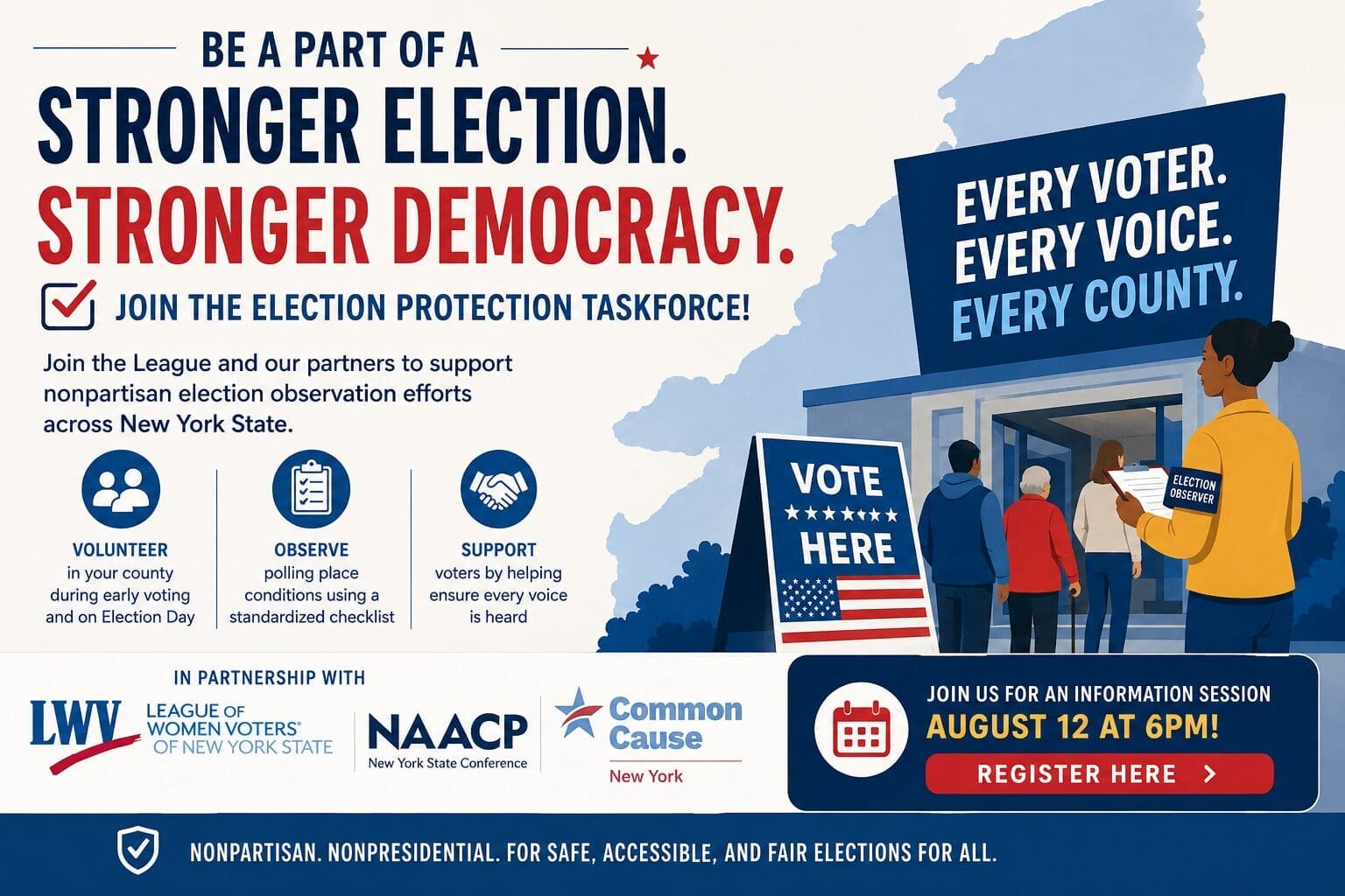 People stand near a “Vote Here” sign outside a polling place. The graphic promotes volunteering for election protection in New York, with event details and partner logos at the bottom.