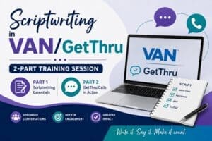 Promotional graphic for a two-part VAN/GetThru scriptwriting training, showing a laptop, notebook, and icons for stronger conversations, better engagement, and greater impact.