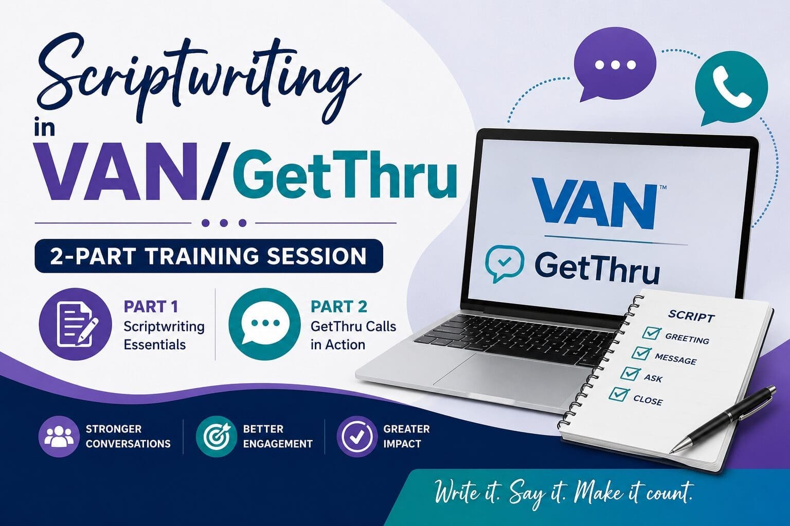 Promotional graphic for a two-part VAN/GetThru scriptwriting training, showing a laptop, notebook, and icons for stronger conversations, better engagement, and greater impact.