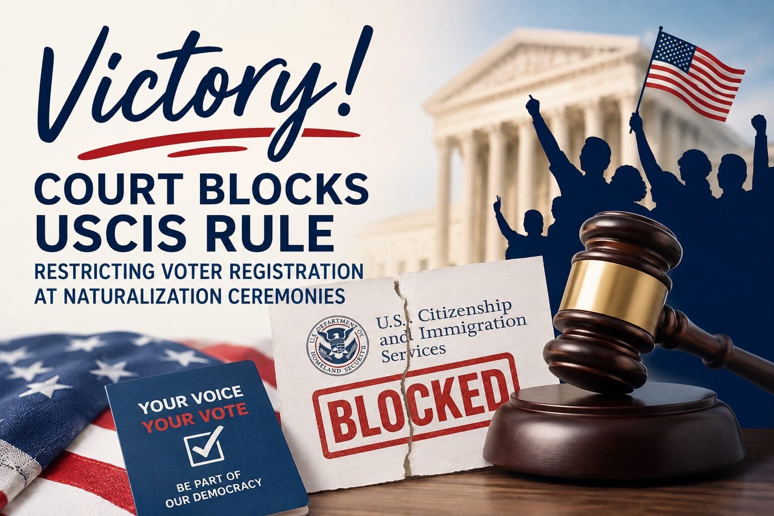 Gavel, immigration documents marked “BLOCKED,” American flag, and text about court blocking USCIS rule on voter registration at naturalization ceremonies, with silhouettes holding a flag.