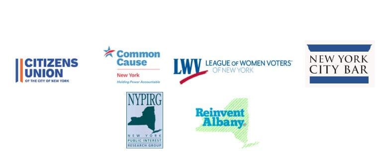 Six logos of New York-based civic and advocacy organizations, including Citizens Union, Common Cause, LWVNY, NYC Bar, NYPIRG, and Reinvent Albany, shown against a white background.